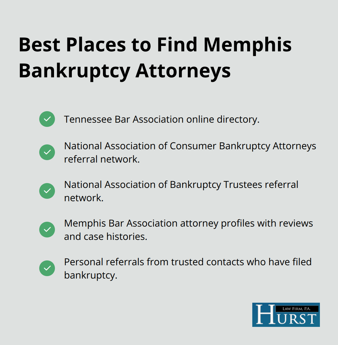 Checkmark list of reliable directories and referral sources for locating Memphis bankruptcy attorneys. - Bankruptcy attorney Tennessee