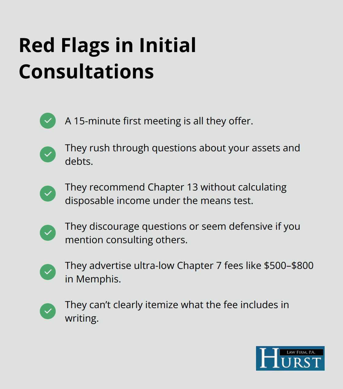 Checklist of warning signs to avoid when selecting a Memphis bankruptcy attorney. - Experienced bankruptcy attorney Memphis