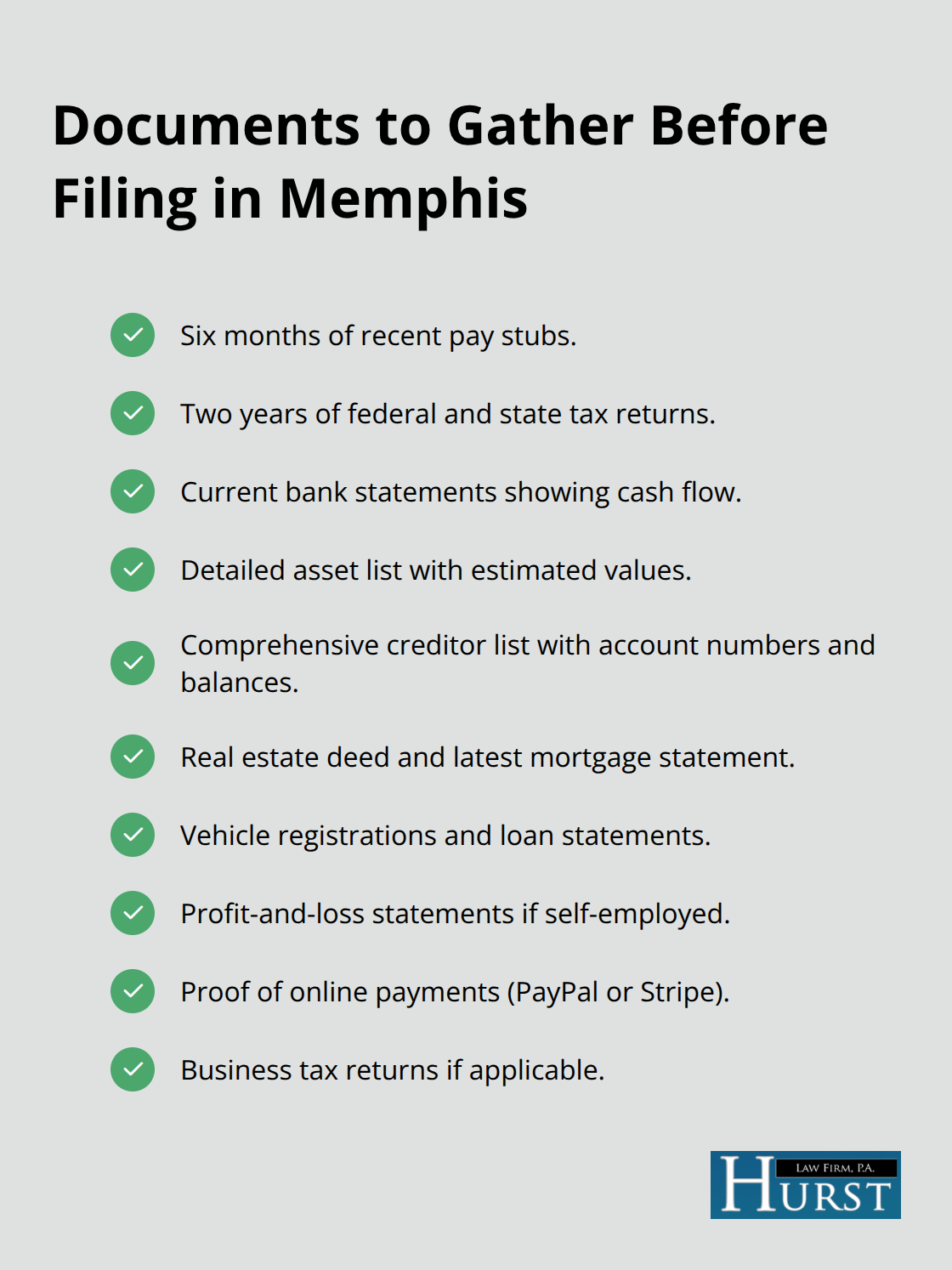 Checklist of documents your Memphis bankruptcy attorney will typically request before filing. - Memphis bankruptcy attorney consultation