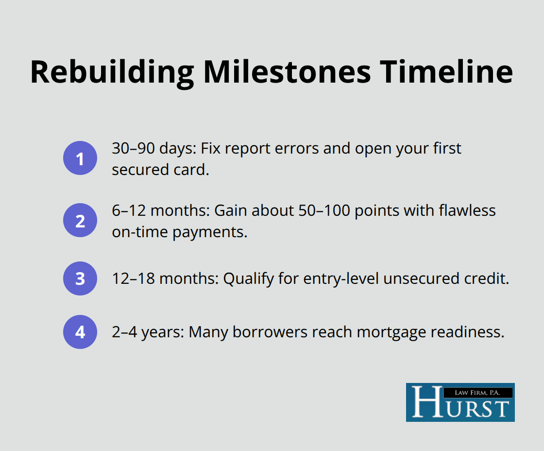 Typical credit recovery checkpoints after bankruptcy. - Rebuild credit after bankruptcy